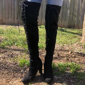 Lace Up Thigh High Black Boots
